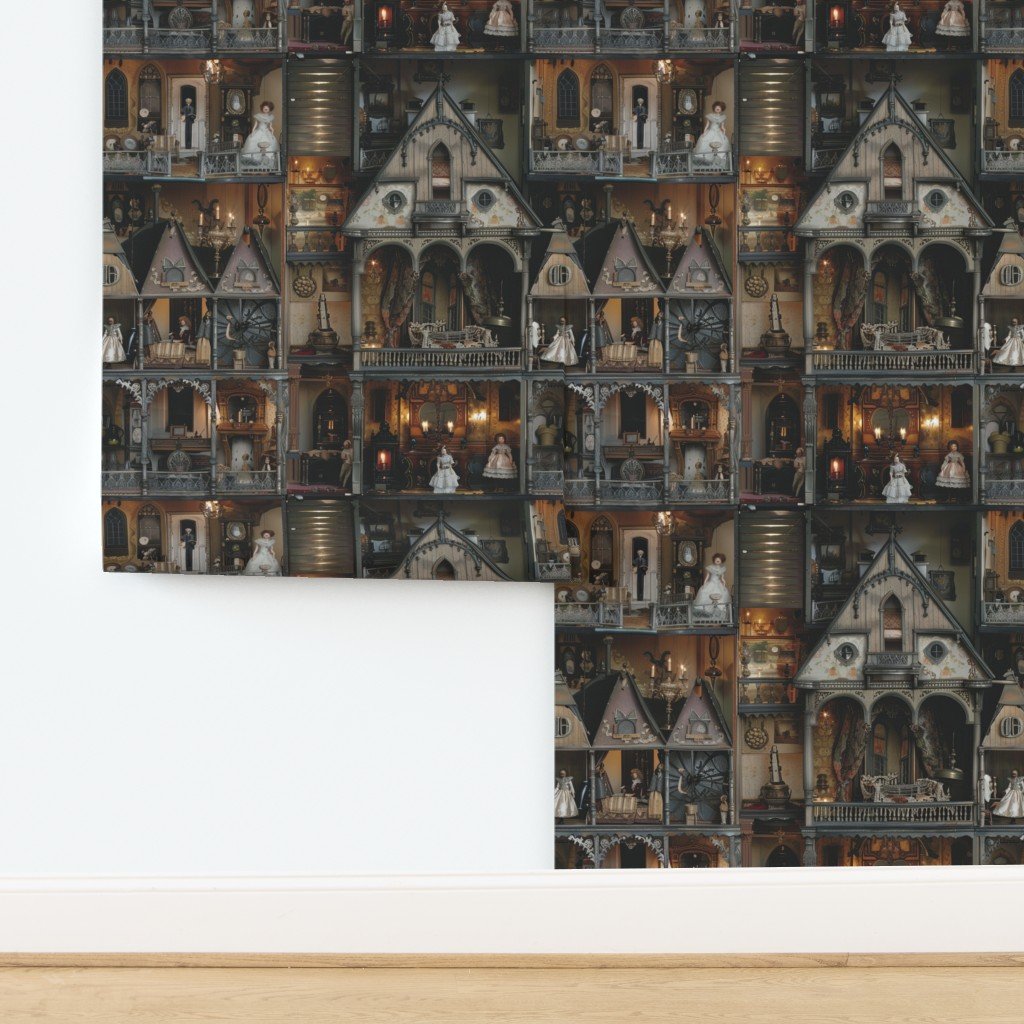 Victorian Gothic Haunted Dollshouse with Dolls in Dark Academia Wallpaper design