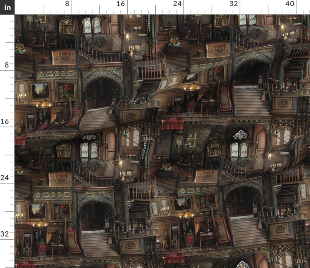 Victorian Gothic Haunted Dollshouse with Dolls in Dark Academia Fabric design