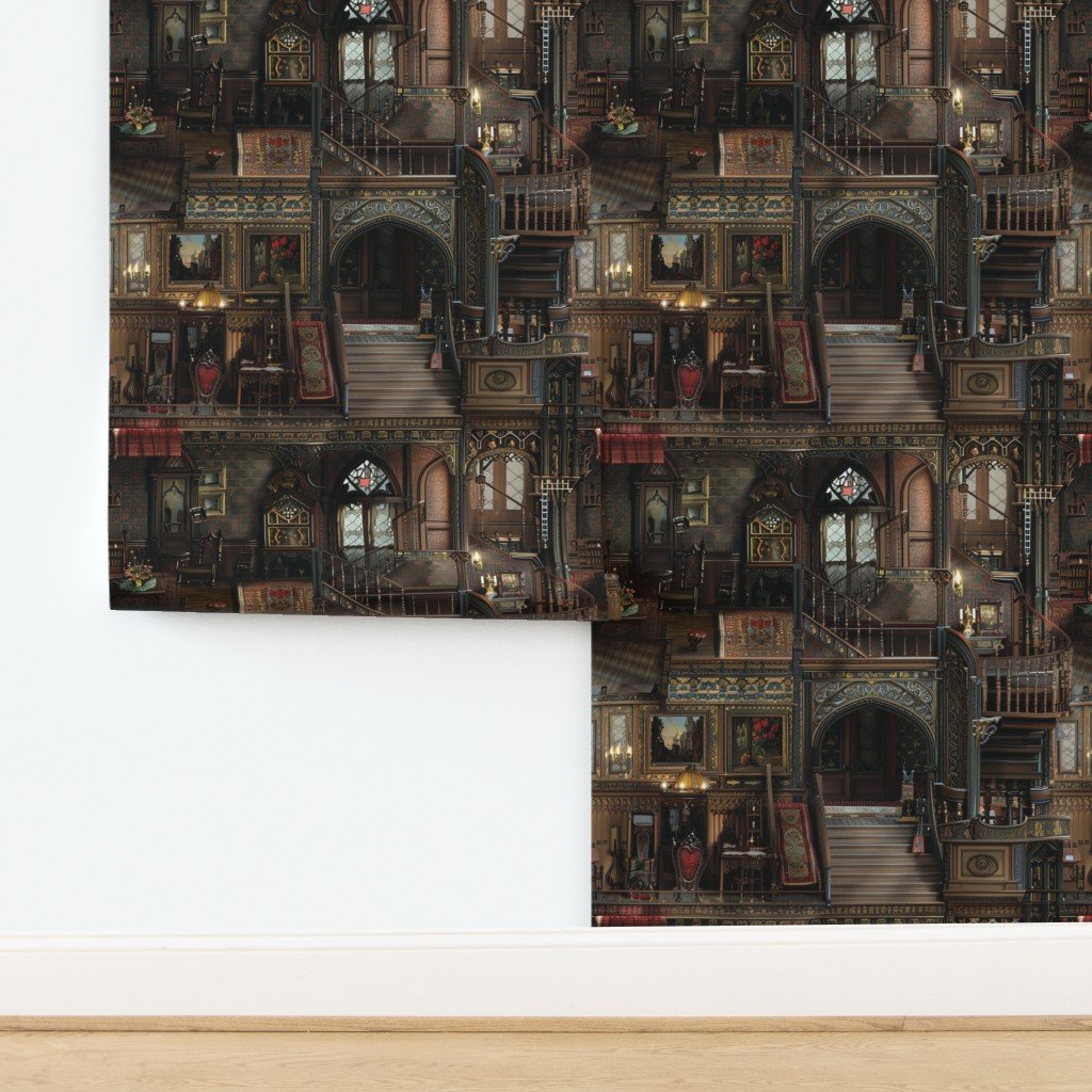 Victorian Gothic Haunted Dollshouse with Dolls in Dark Academia Wallpaper design