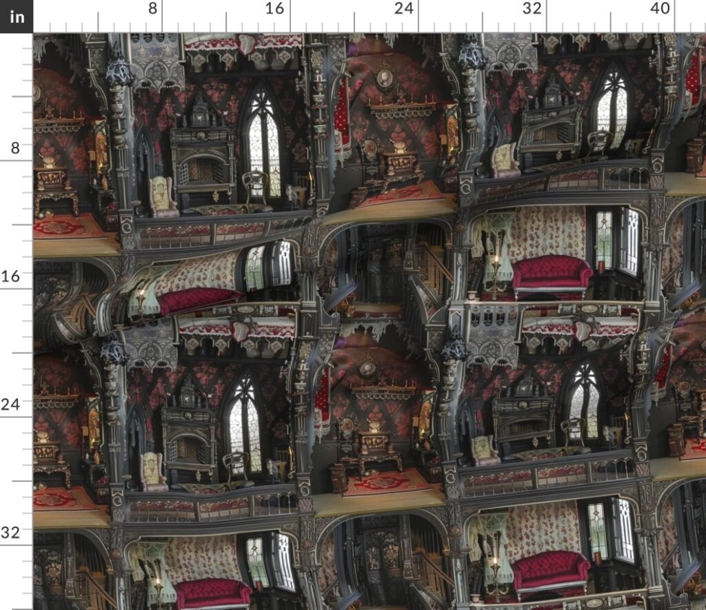 Victorian Gothic Haunted Dollshouse with Dolls in Dark Academia Decor Fabric design