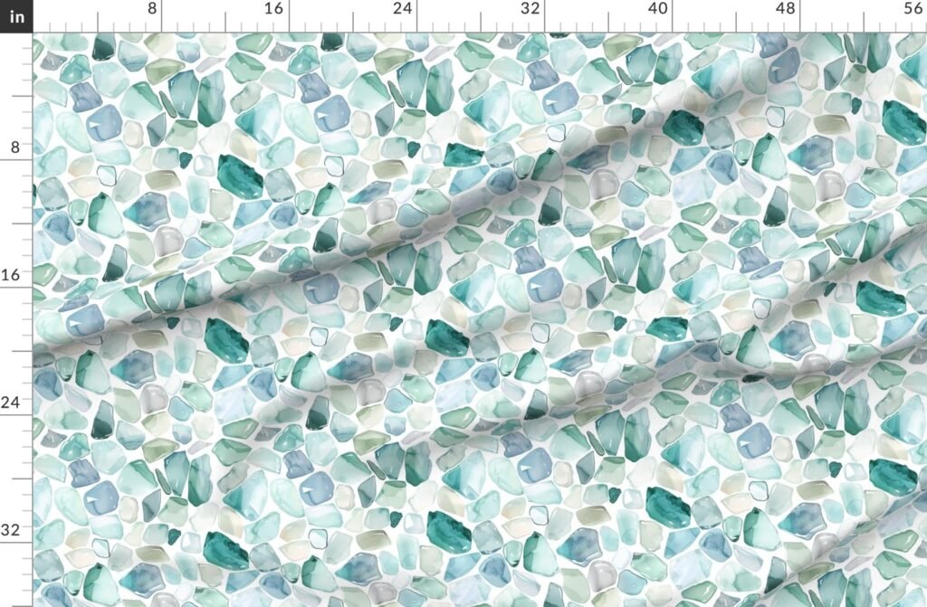 Blue and Aqua Shards of Tumbled and Scattered Watercolor Seaglass Fabric design