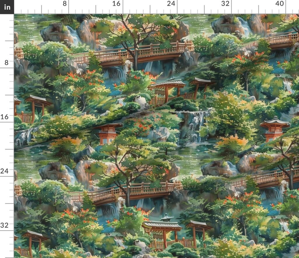 Eden of Tranquility A Japanese Water Garden Paradise Fabric design