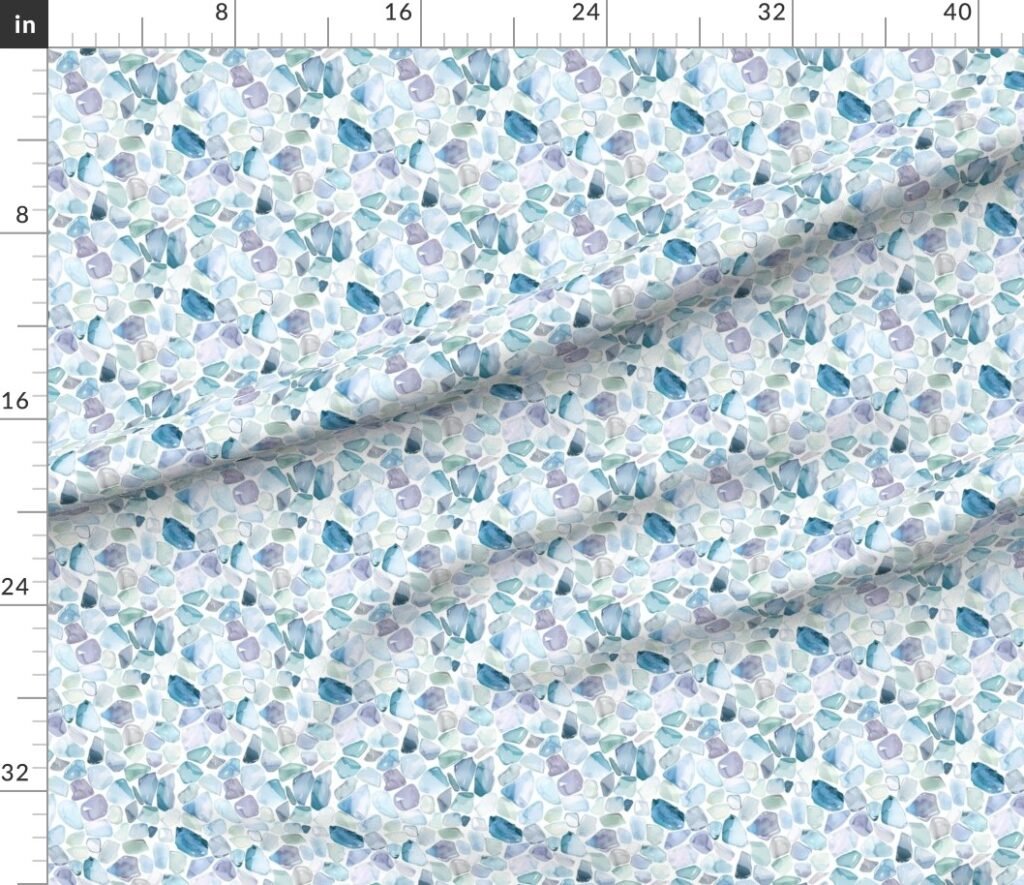 Small Blue and Lilac Shards of Tumbled and Scattered Watercolor Seaglass Fabric design