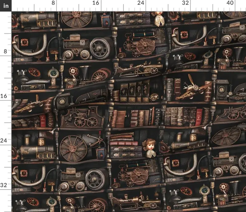 Steampunk Vintage Bookcase Gears Pipes and Antique Treasures Fabric design