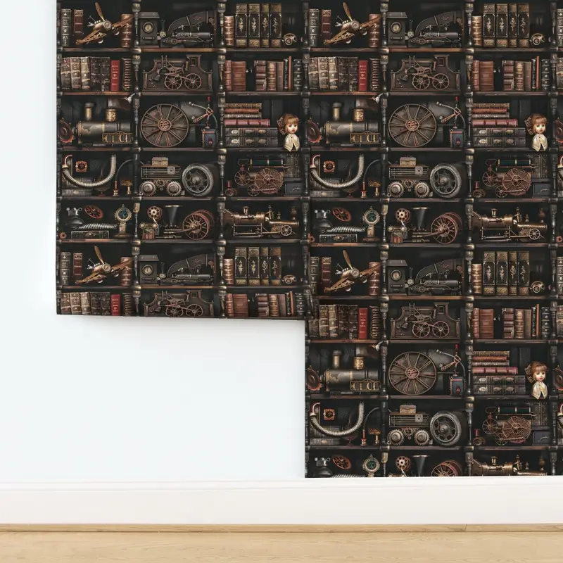 Steampunk Vintage Bookcase Gears Pipes and Antique Treasures Wallpaper design