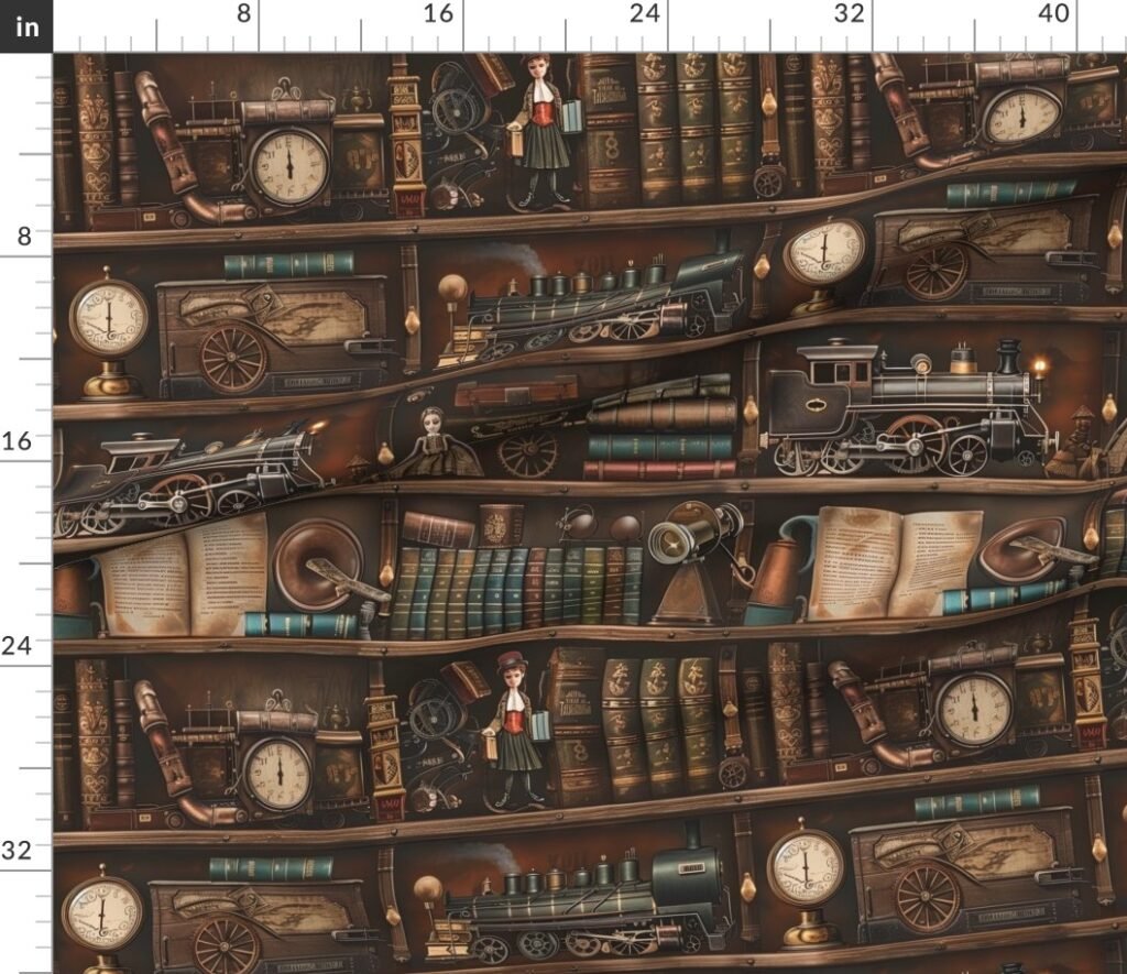 Vintage Steampunk Bookcase with Antique Trains and Books Fabric design