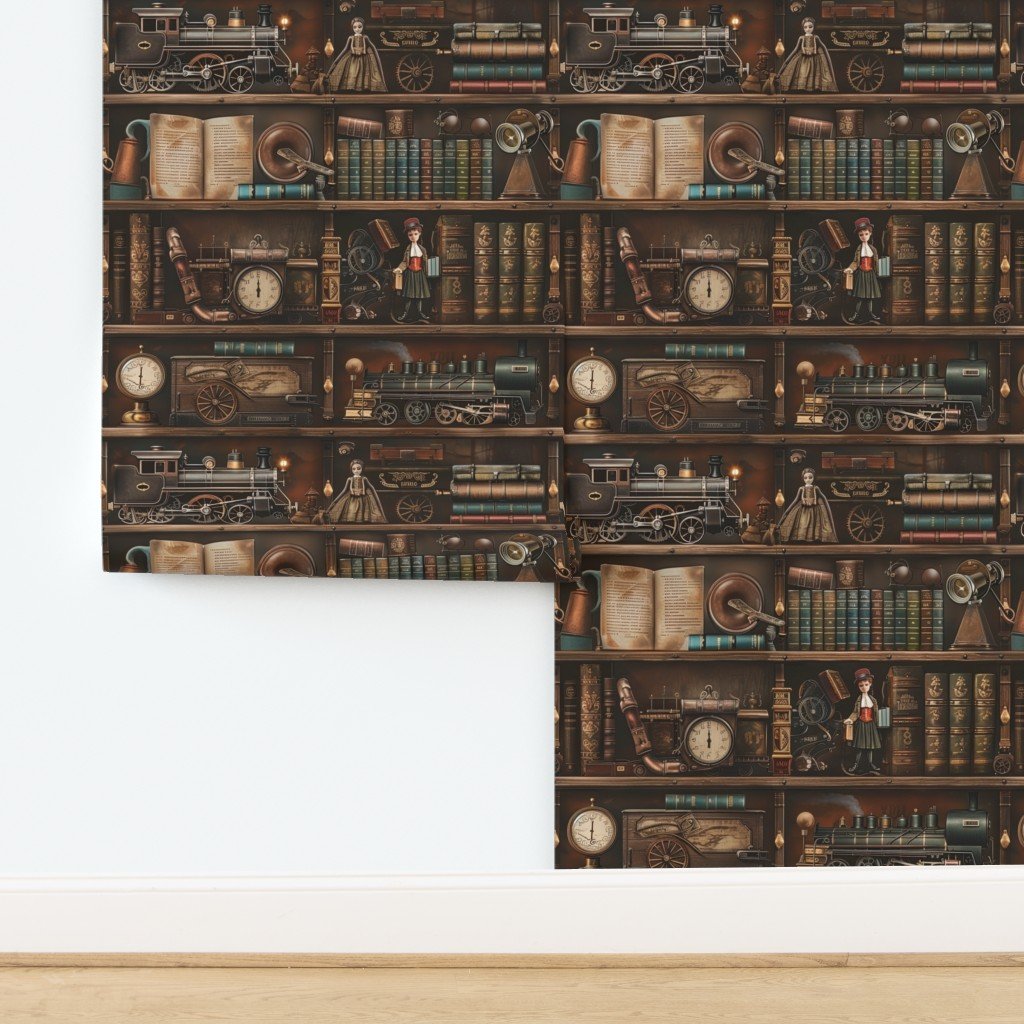 Vintage Steampunk Bookcase with Antique Trains and Books Wallpaper design