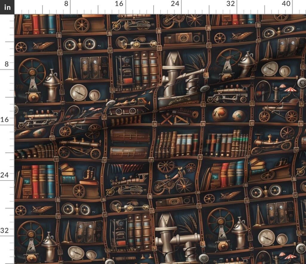 Vintage Steampunk Bookcase with Intricate Mechanical Wonders Fabric design