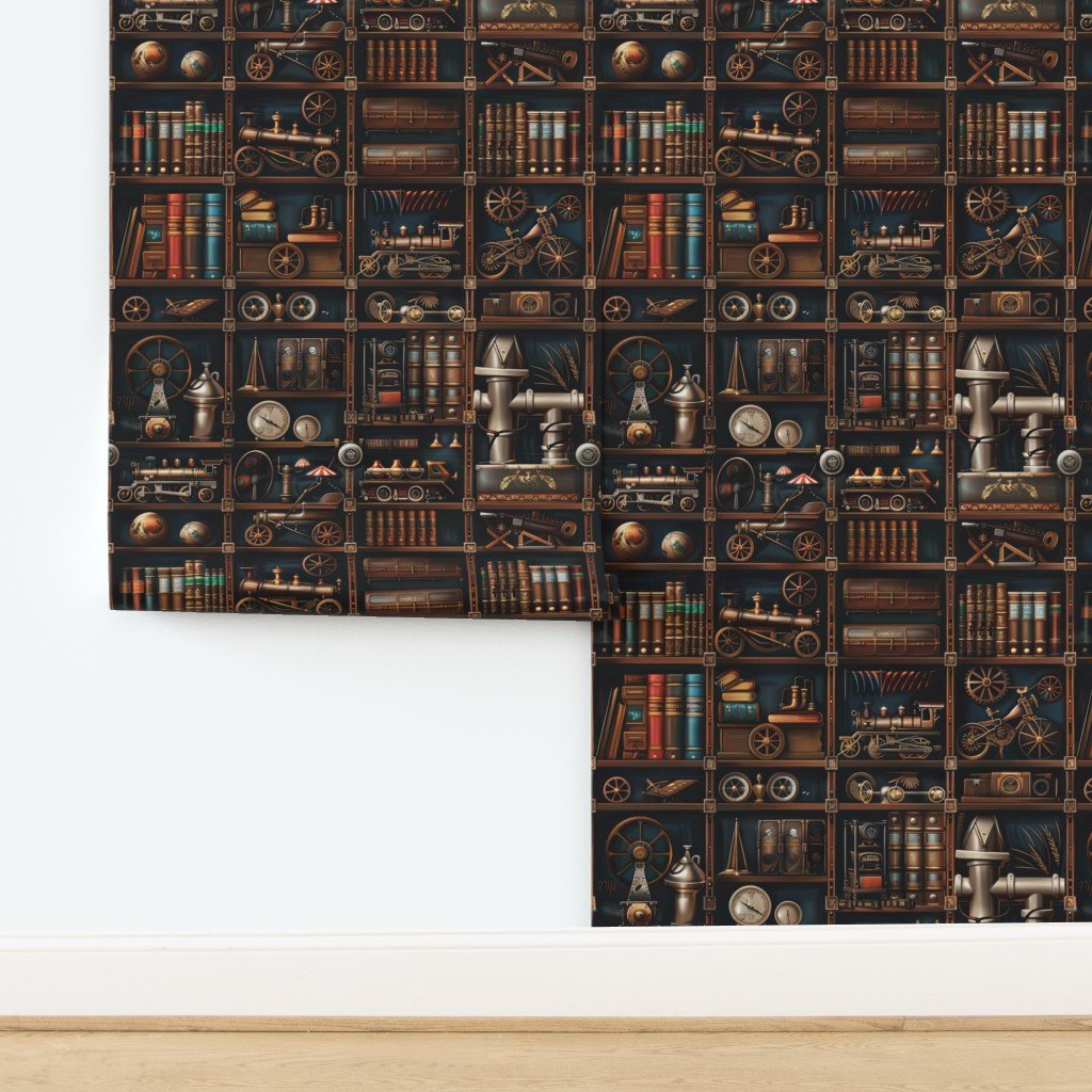Vintage Steampunk Bookcase with Intricate Mechanical Wonders Wallpaper design