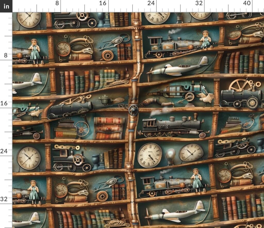 Vintage Steampunk Bookcase with Trains Gears and Clocks Fabric design