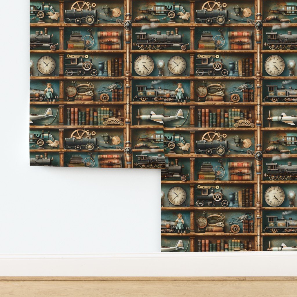 Vintage Steampunk Bookcase with Trains Gears and Clocks Wallpaper design
