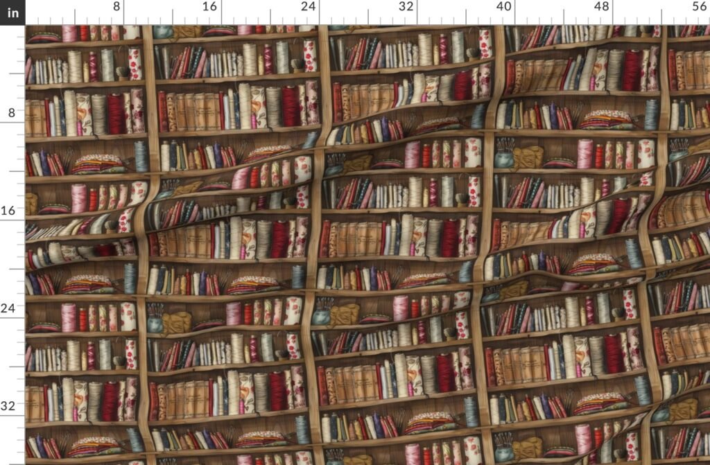 Vintage Bookcase with Fabric Bobbins Spools and Yarn Fabric design