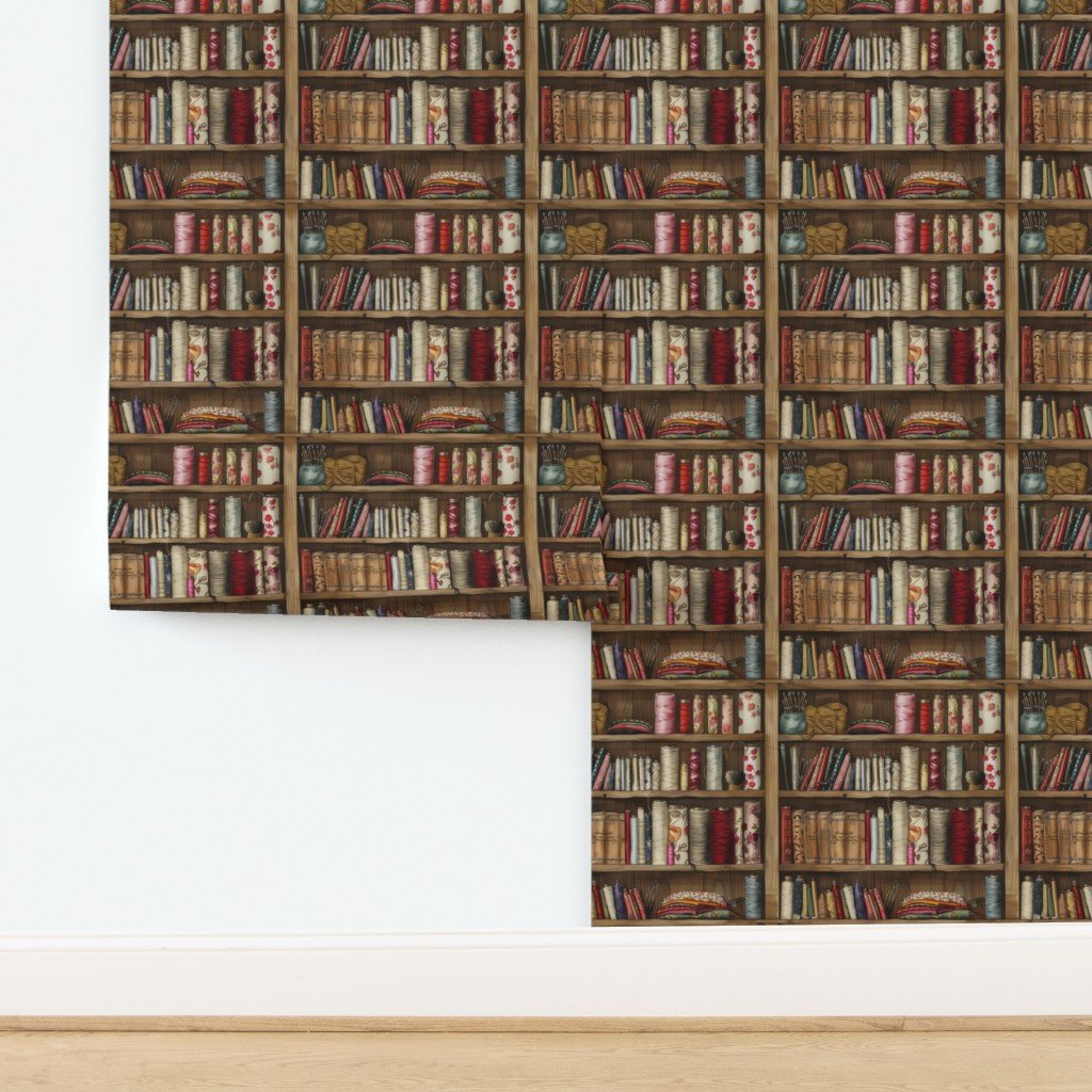 Vintage Bookcase with Fabric Bobbins Spools and Yarn Wallpaper design
