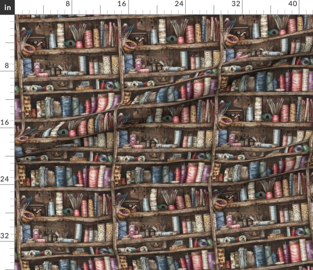 Vintage Bookcase Filled with Fabric Bobbins and Sewing Spools Fabric design