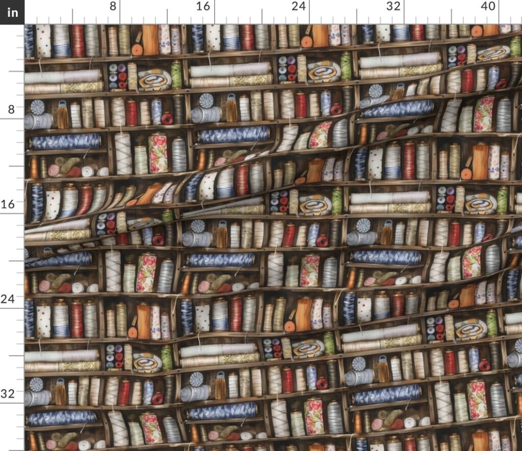 Vintage Bookcase with Fabric Bobbins Spools and Yarn Fabric design