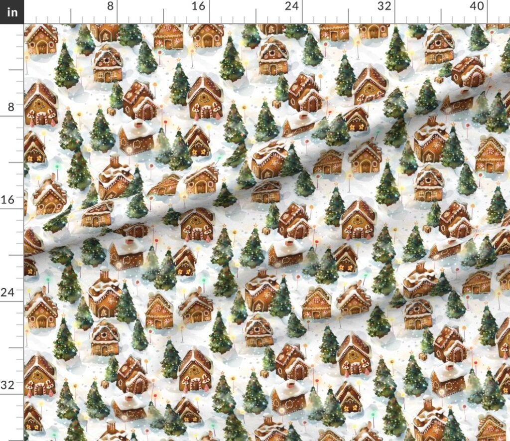 Watercolor Gingerbread Village in Winter Wonderland with Decorated Fabric design