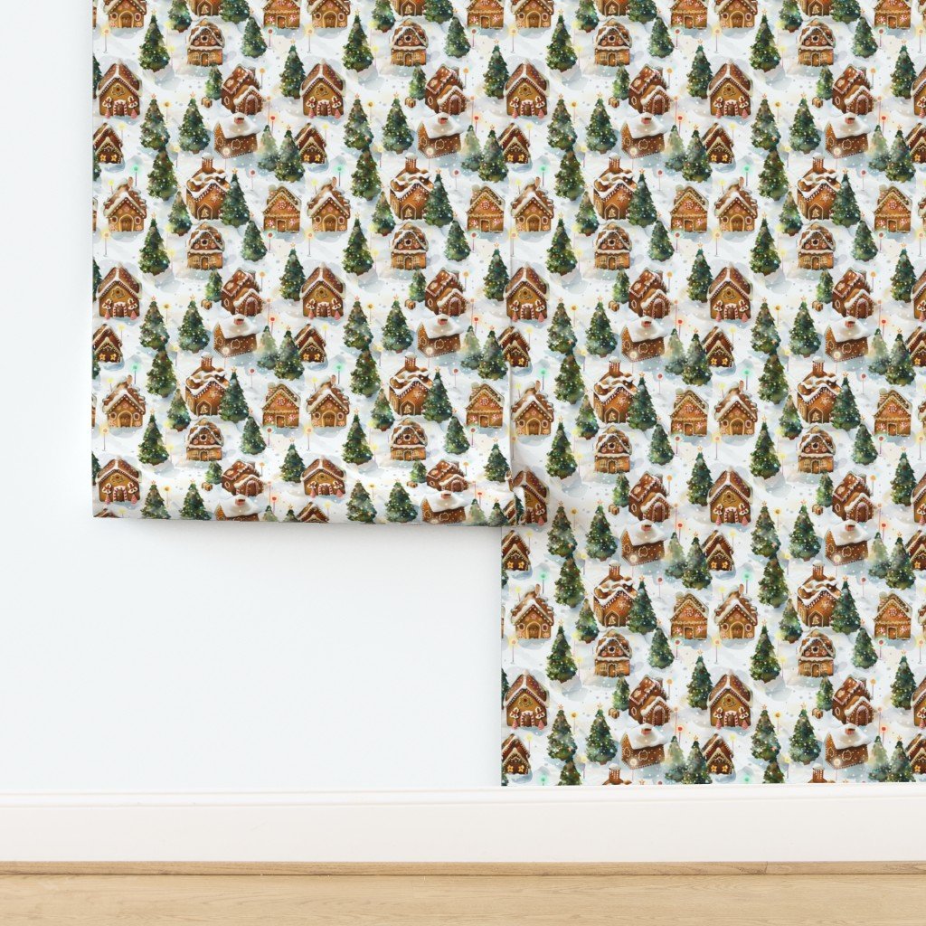 Watercolor Gingerbread Village in Winter Wonderland with Decorated Wallpaper design