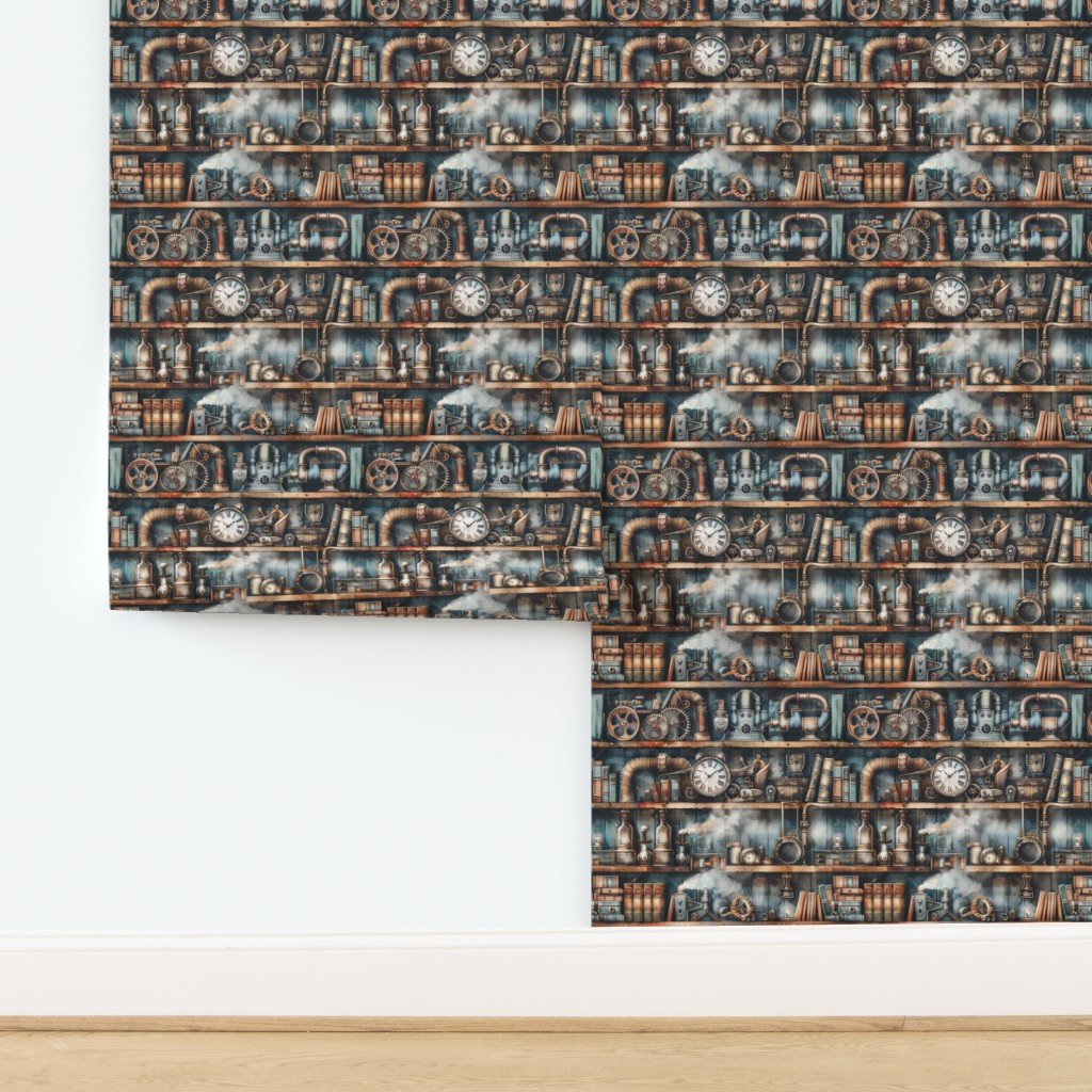 Steampunk Bookcase with Gears and Vintage Machinery in Watercolor Wallpaper design