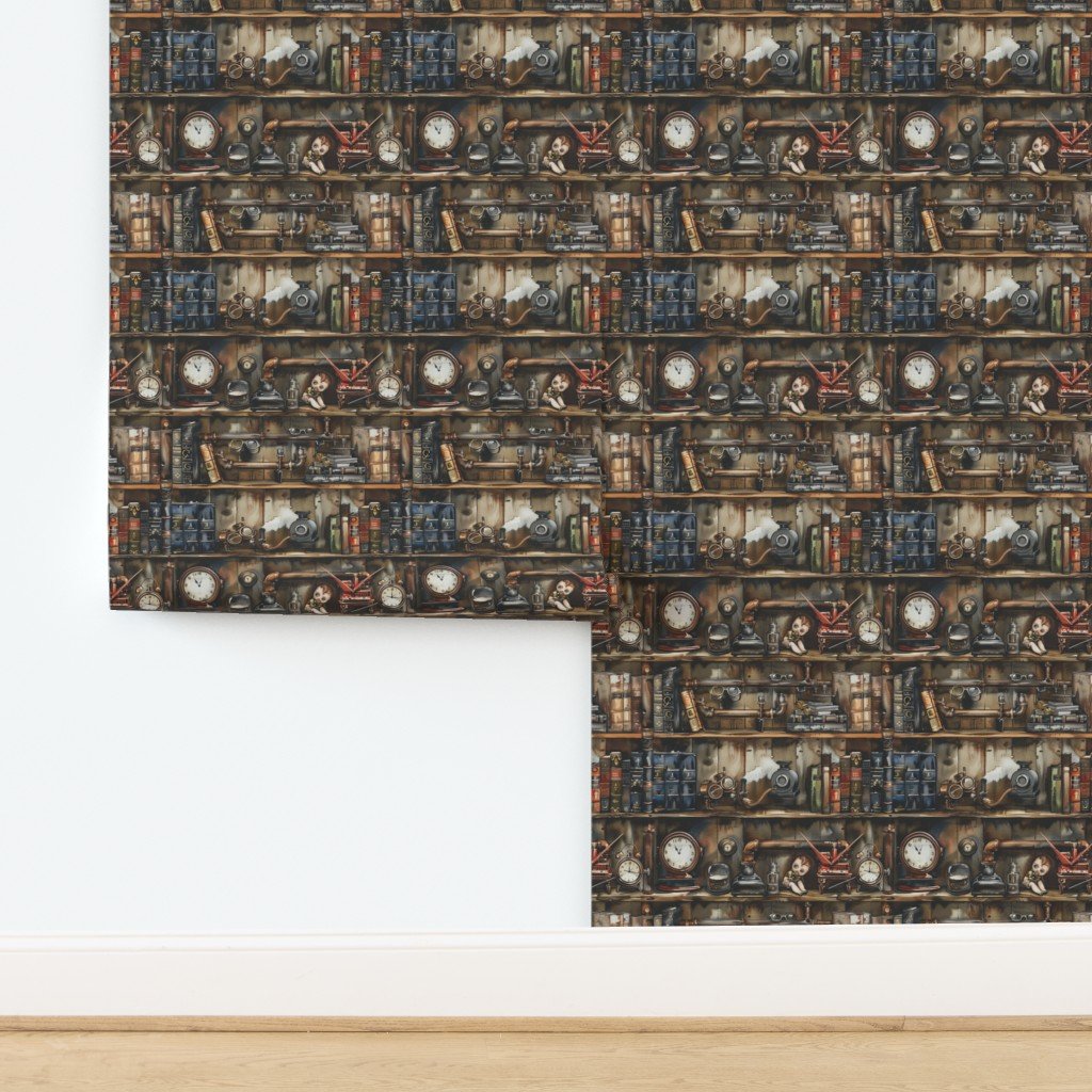 Vintage Steampunk Bookcase with Pipes Hoses and Gears in Watercolor Wallpaper design