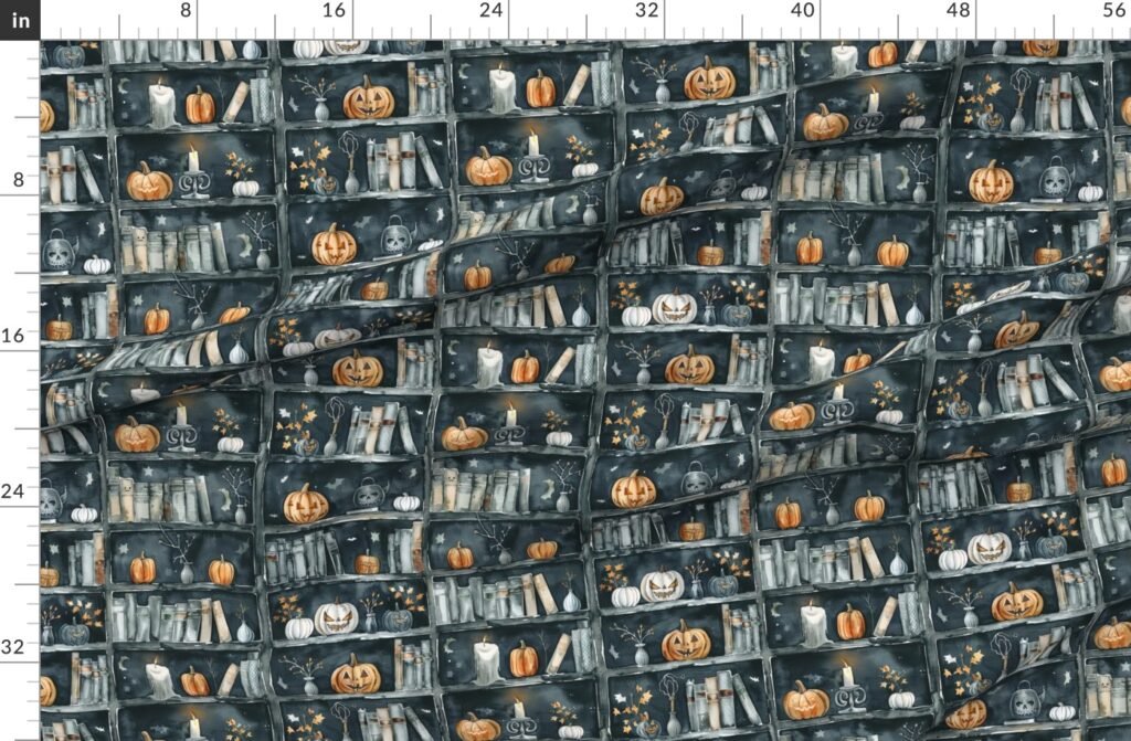 Dark Halloween Bookcase with Pumpkins and Candles in Watercolor Fabric design