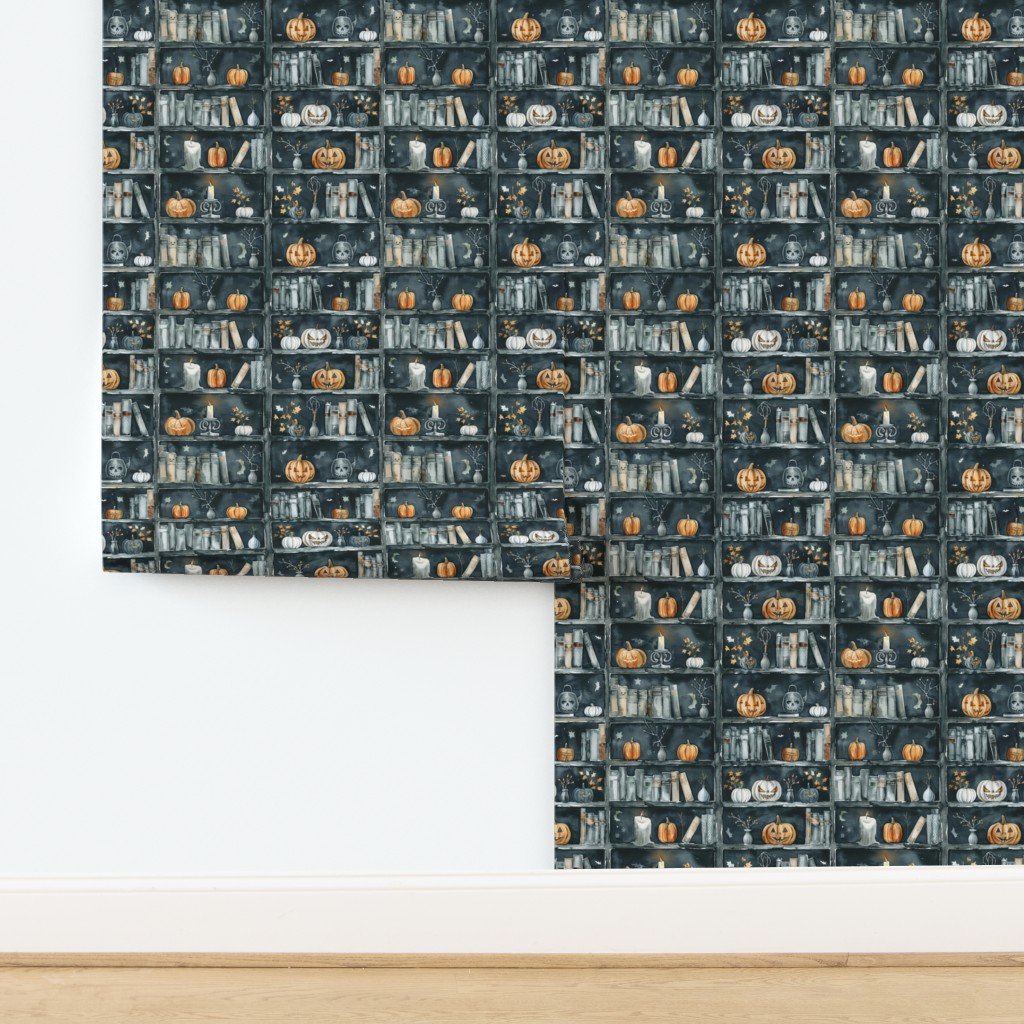 Dark Halloween Bookcase with Pumpkins and Candles in Watercolor Wallpaper design