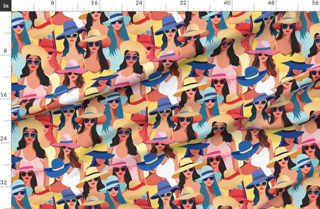 Women at the Beach in Summer in Sunhats and Suits Large Scale Bright Fabric design