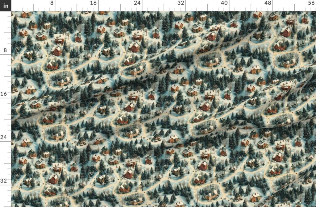 Whimsical Watercolor Christmas Village Fabric design
