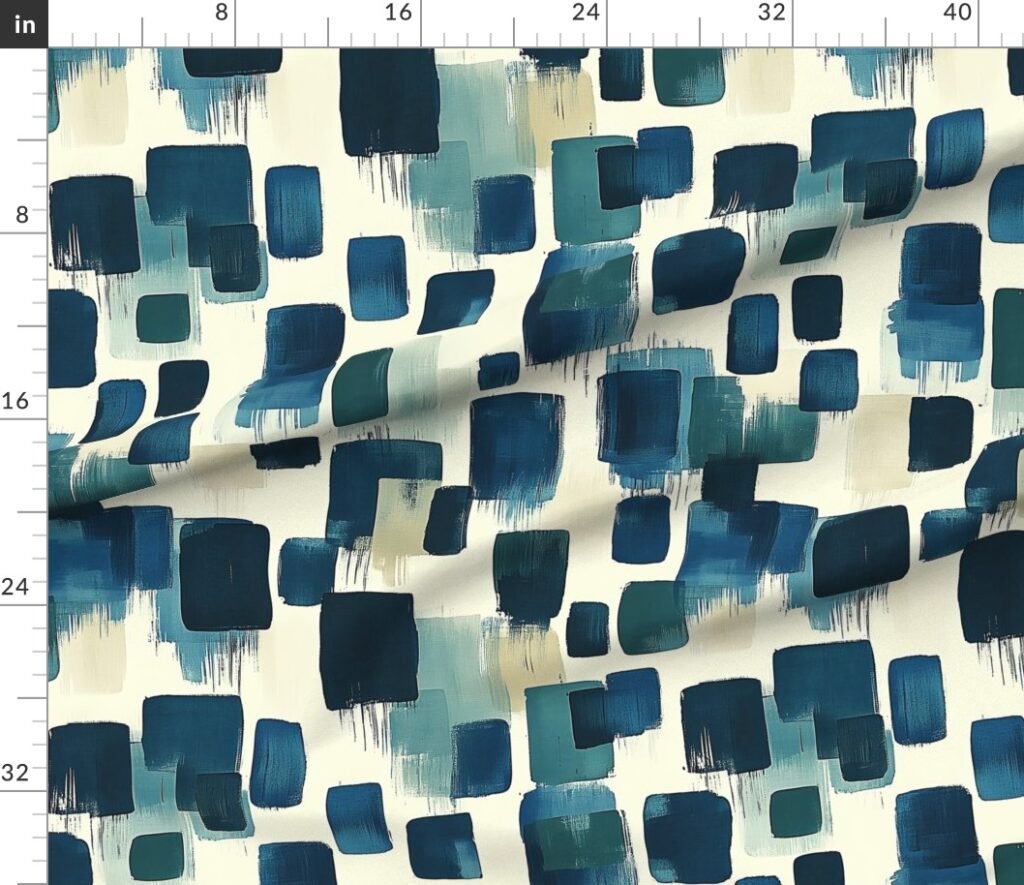 Large Abstract Brushstroke City Blocks in Deep Blue and Teal Fabric design