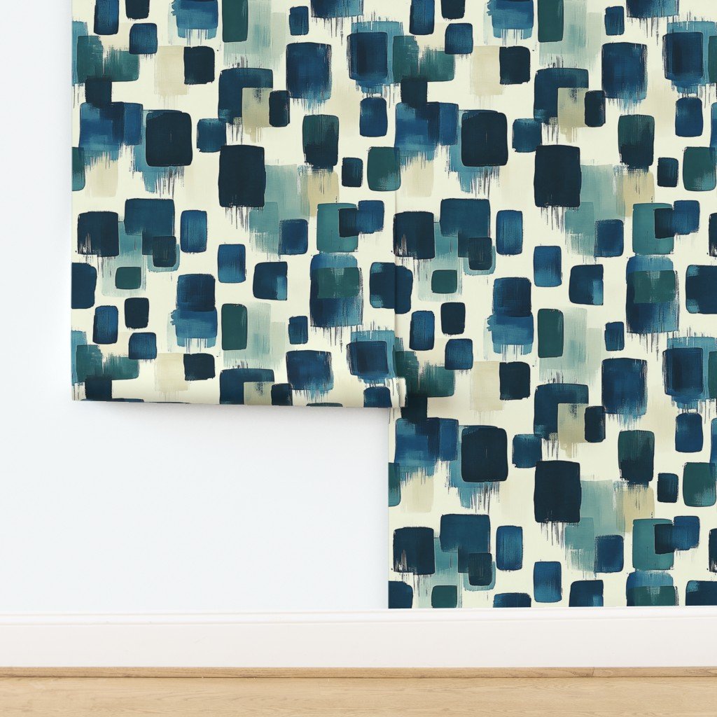 Large Abstract Brushstroke City Blocks in Deep Blue and Teal Wallpaper design