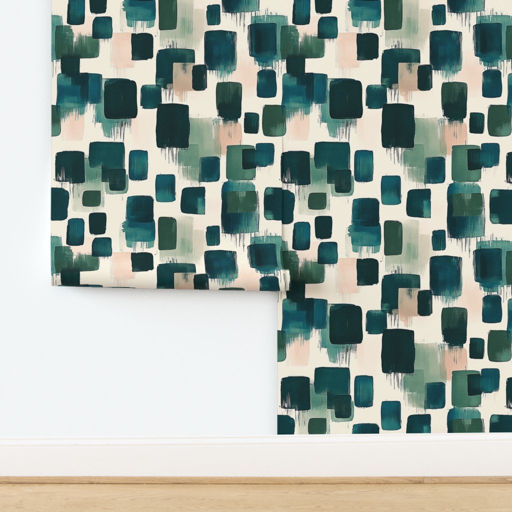 Large Abstract Earthy Brushstroke Blocks in Teal and Soft Peach Wallpaper design