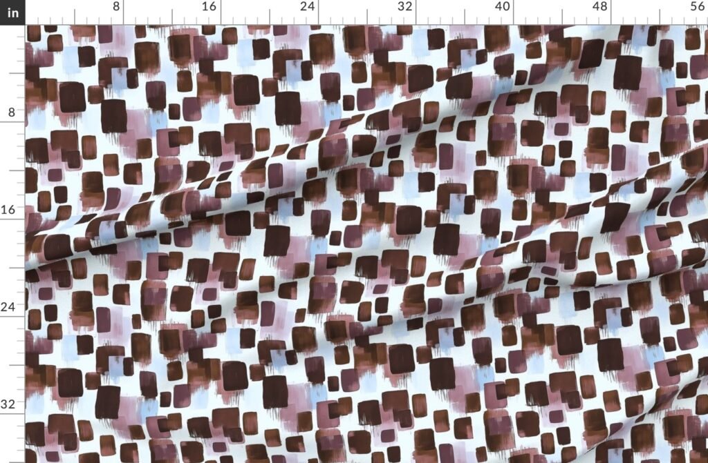 Abstract Brushstroke Blocks in Brown Rosewood and Sky Blue Fabric design