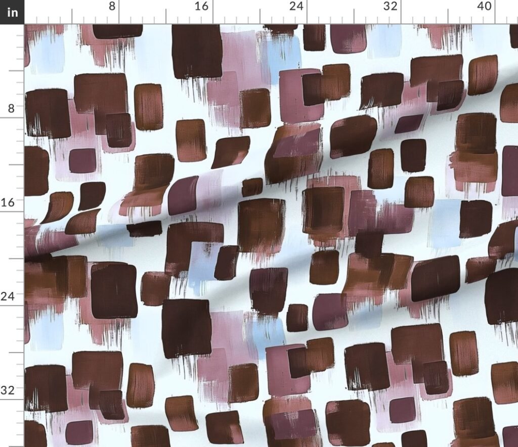 Large Abstract Brushstroke Blocks in Brown Rosewood and Sky Blue Fabric design