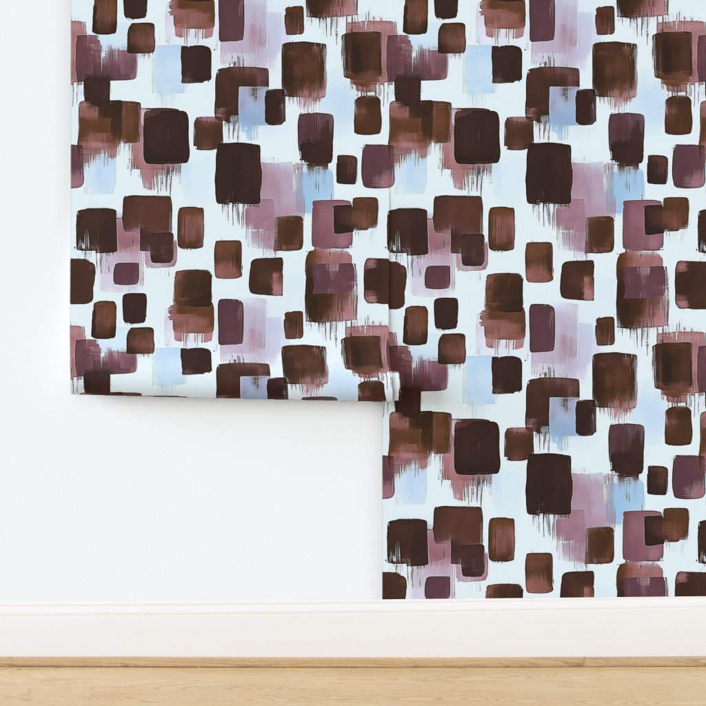 Large Abstract Brushstroke Blocks in Brown Rosewood and Sky Blue Wallpaper design