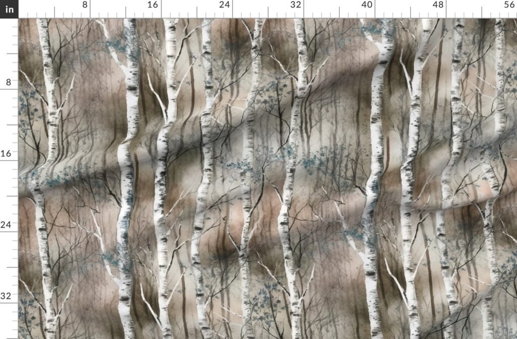 Endless Silver Birch Tree Dreamscape in Misty Taupe and Slate Blue Fabric design