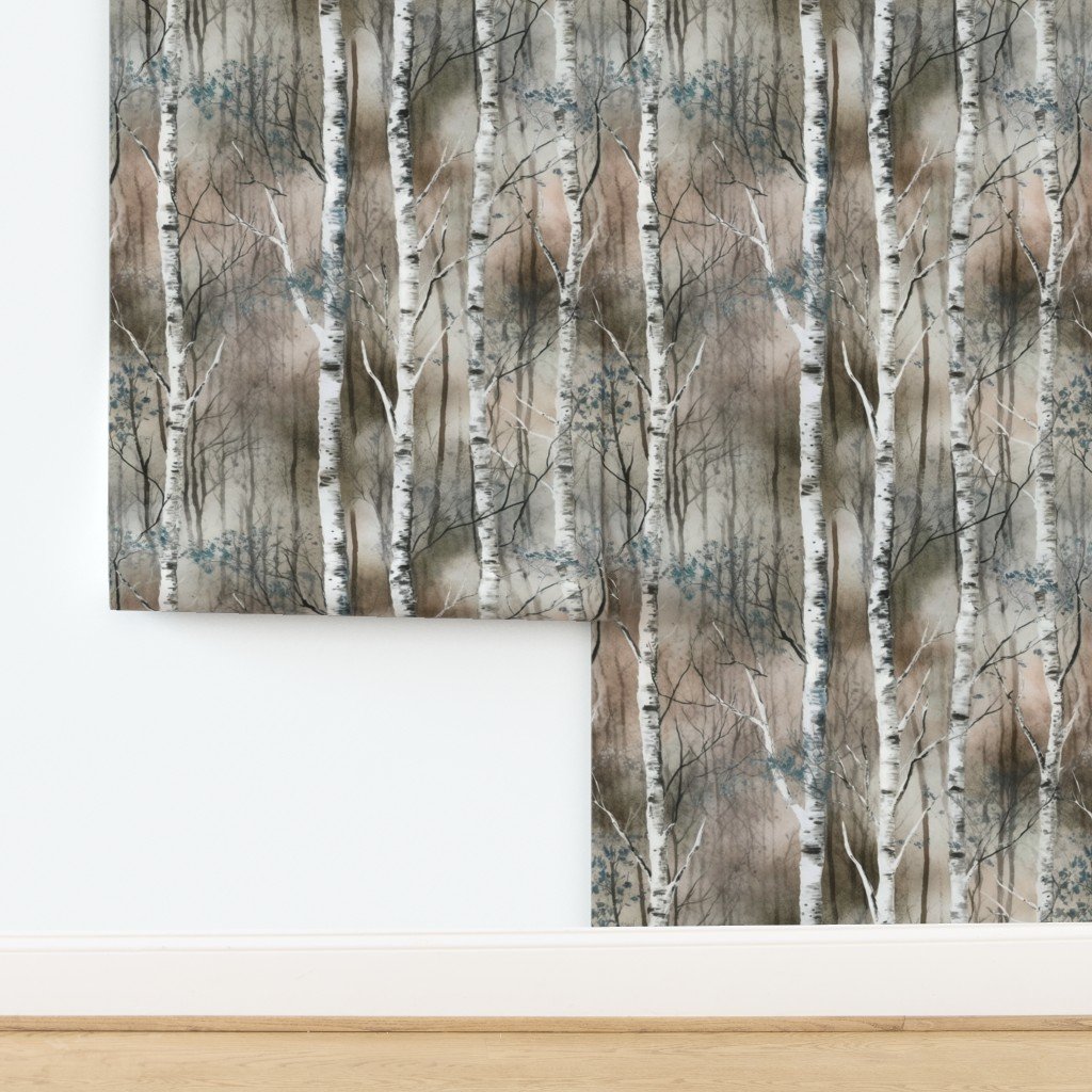 Endless Silver Birch Tree Dreamscape in Misty Taupe and Slate Blue Wallpaper design