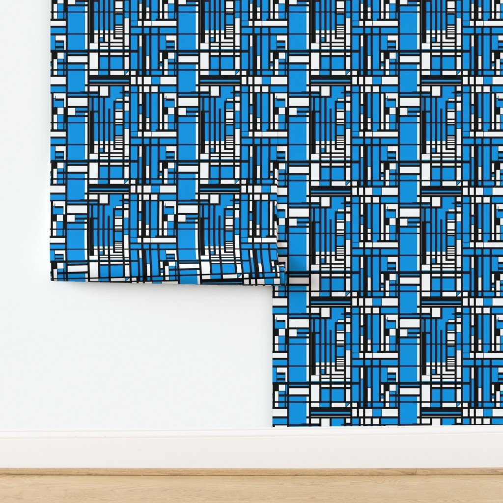 Cyan Blue Modernist City Blocks Geometric Pattern Wallpaper design