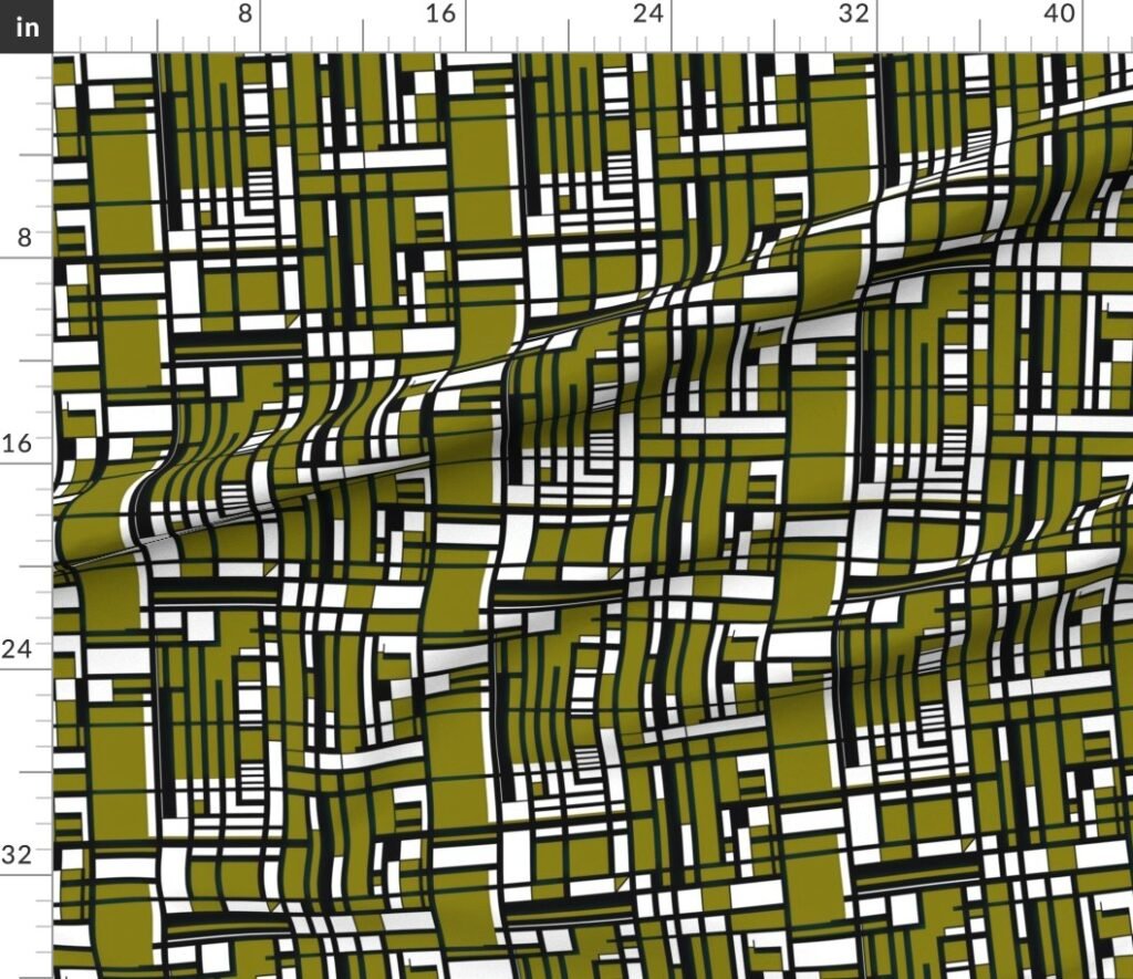 Olive Green Modernist City Blocks Geometric Pattern Fabric design