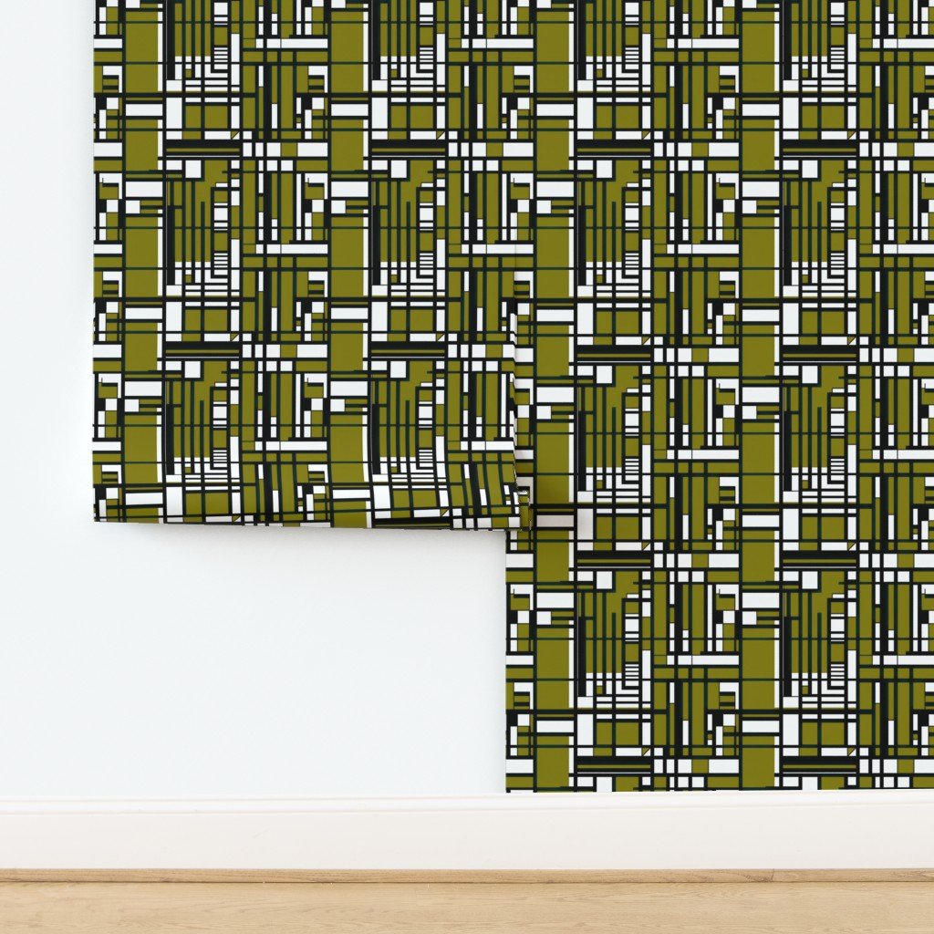 Olive Green Modernist City Blocks Geometric Pattern Wallpaper design