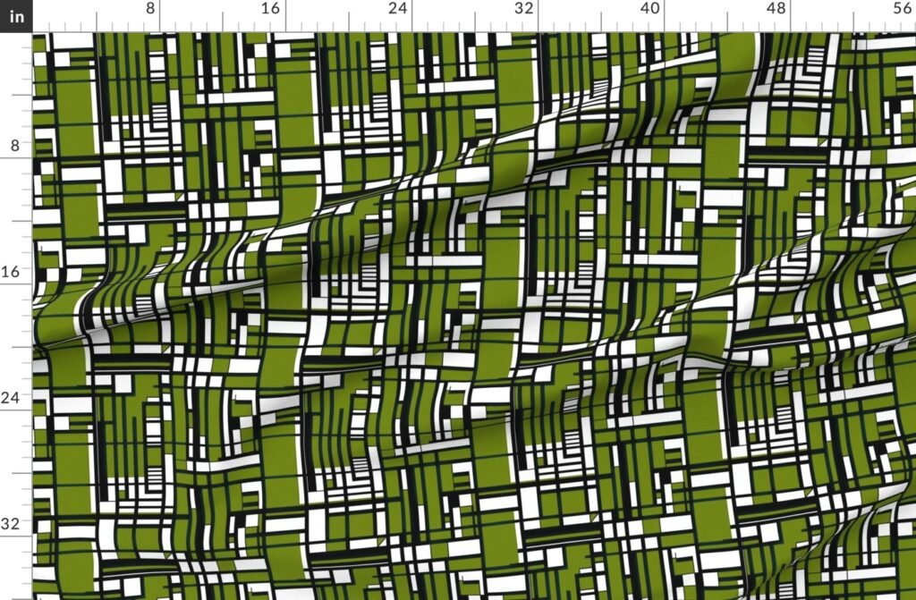 Moss Green Modernist City Blocks Geometric Pattern Fabric design