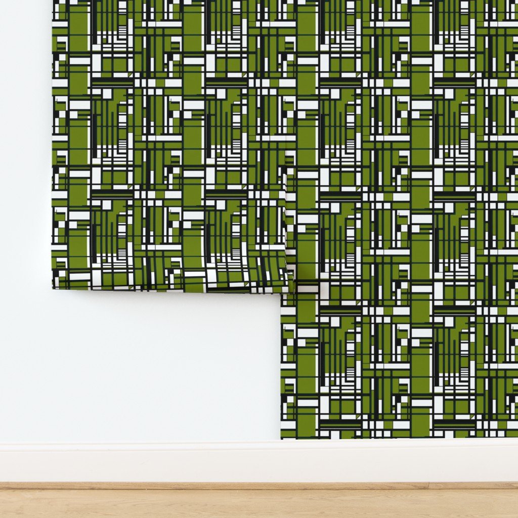 Moss Green Modernist City Blocks Geometric Pattern Wallpaper design