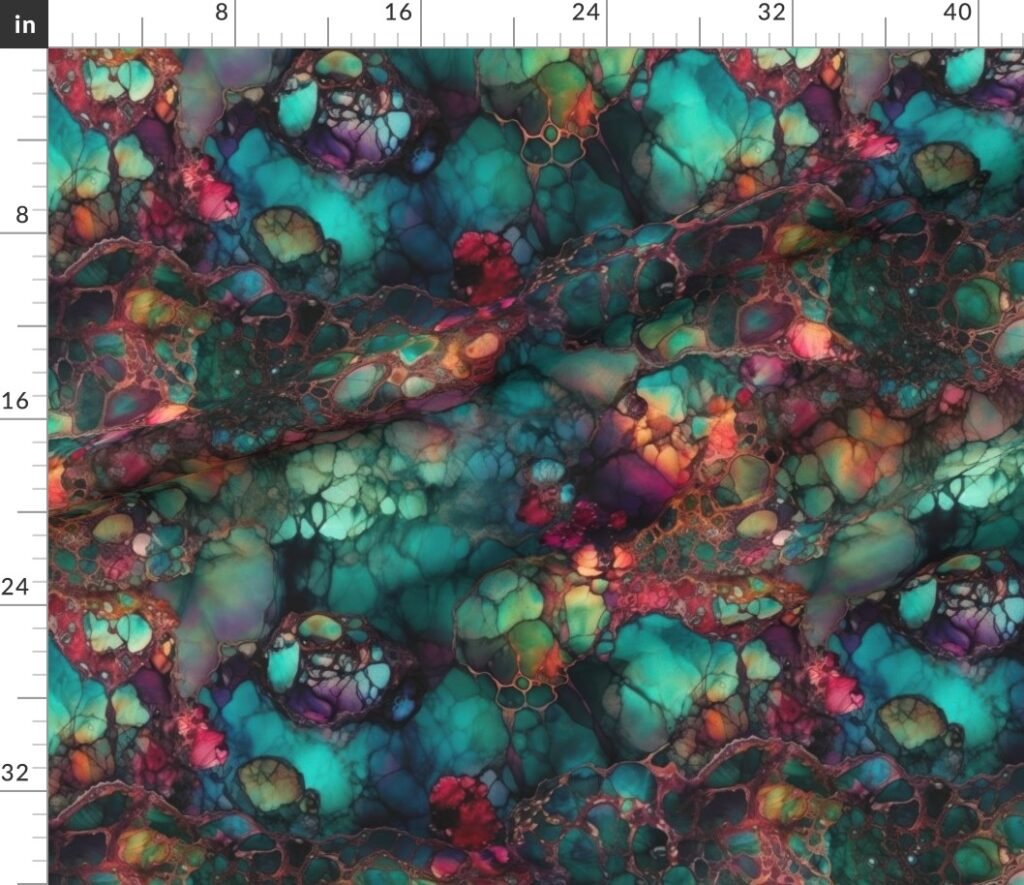 Inky Opal Swirl with Emerald Teal and Warm Ruby Accents Fabric design