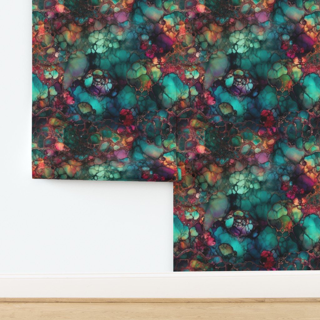 Inky Opal Swirl with Emerald Teal and Warm Ruby Accents Wallpaper design