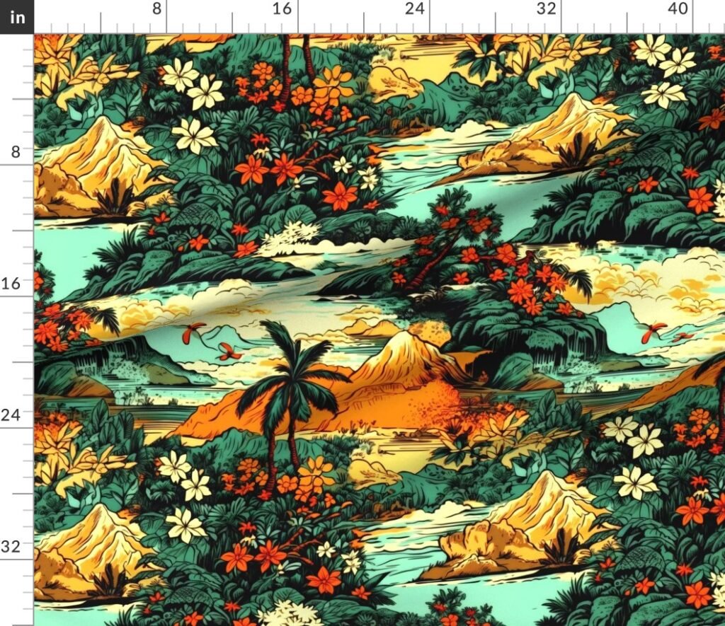 Vintage Hawaiian Tropical Floral Landscape in Bright Volcano Sunset Colors Fabric design