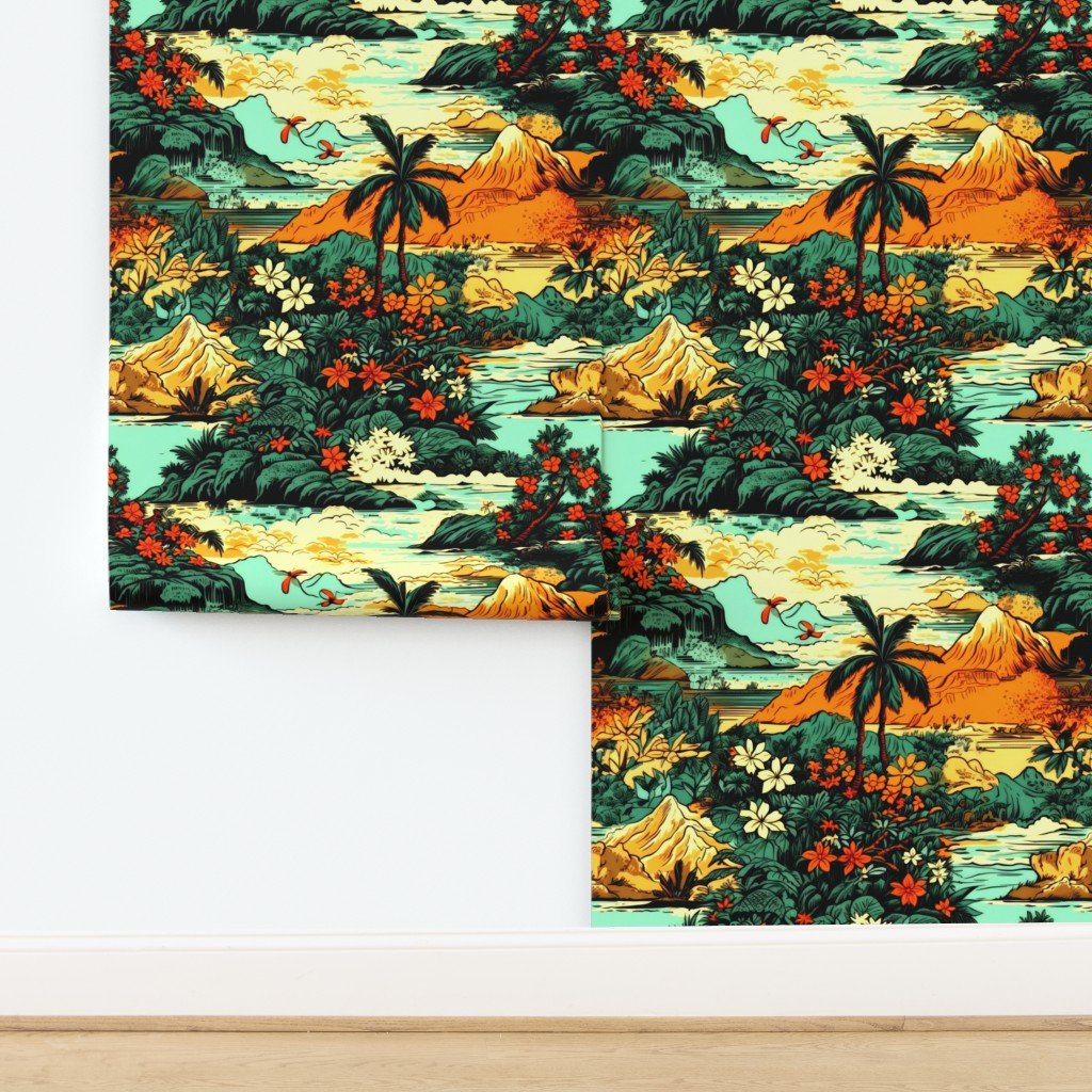Vintage Hawaiian Tropical Floral Landscape in Bright Volcano Sunset Colors Wallpaper design