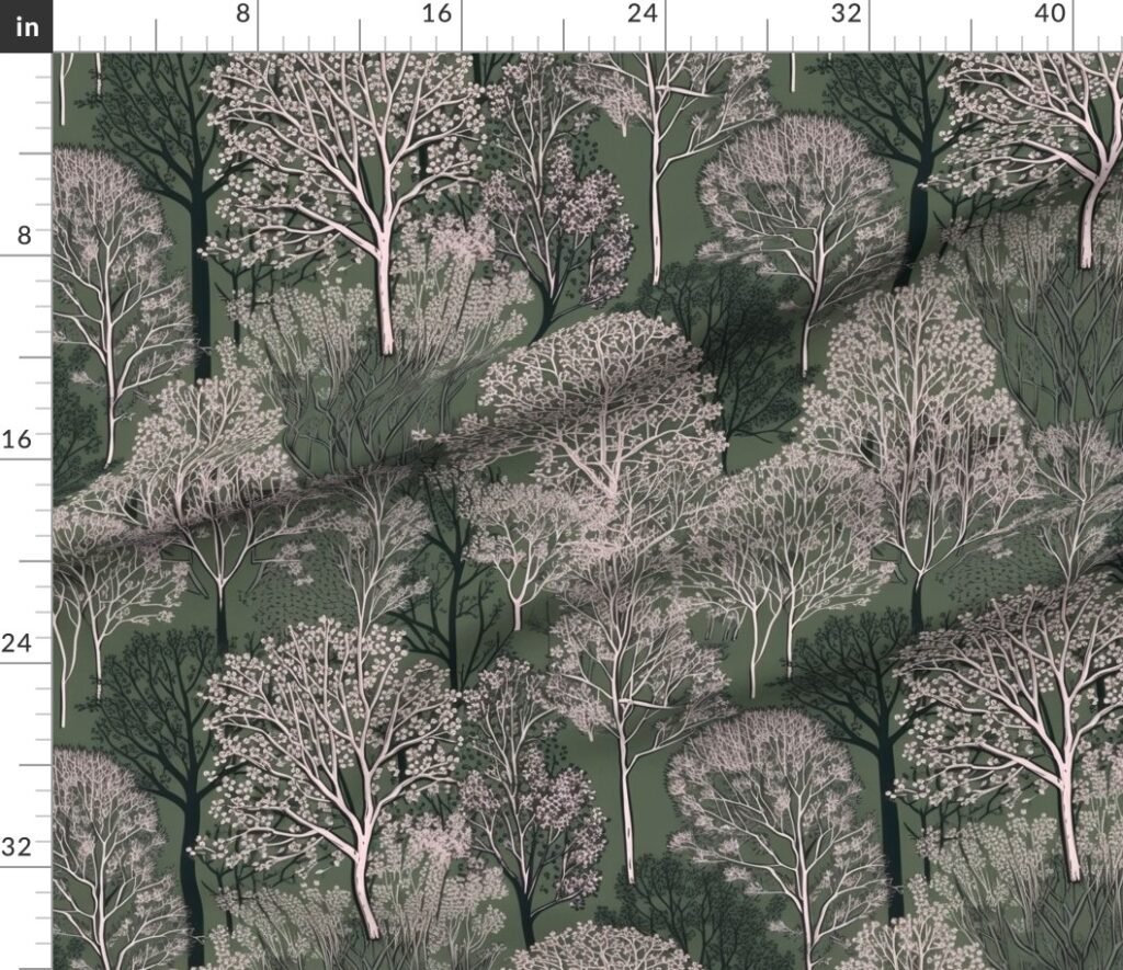 New England Endless Forest Trees in Mossy Green Winter Fabric design