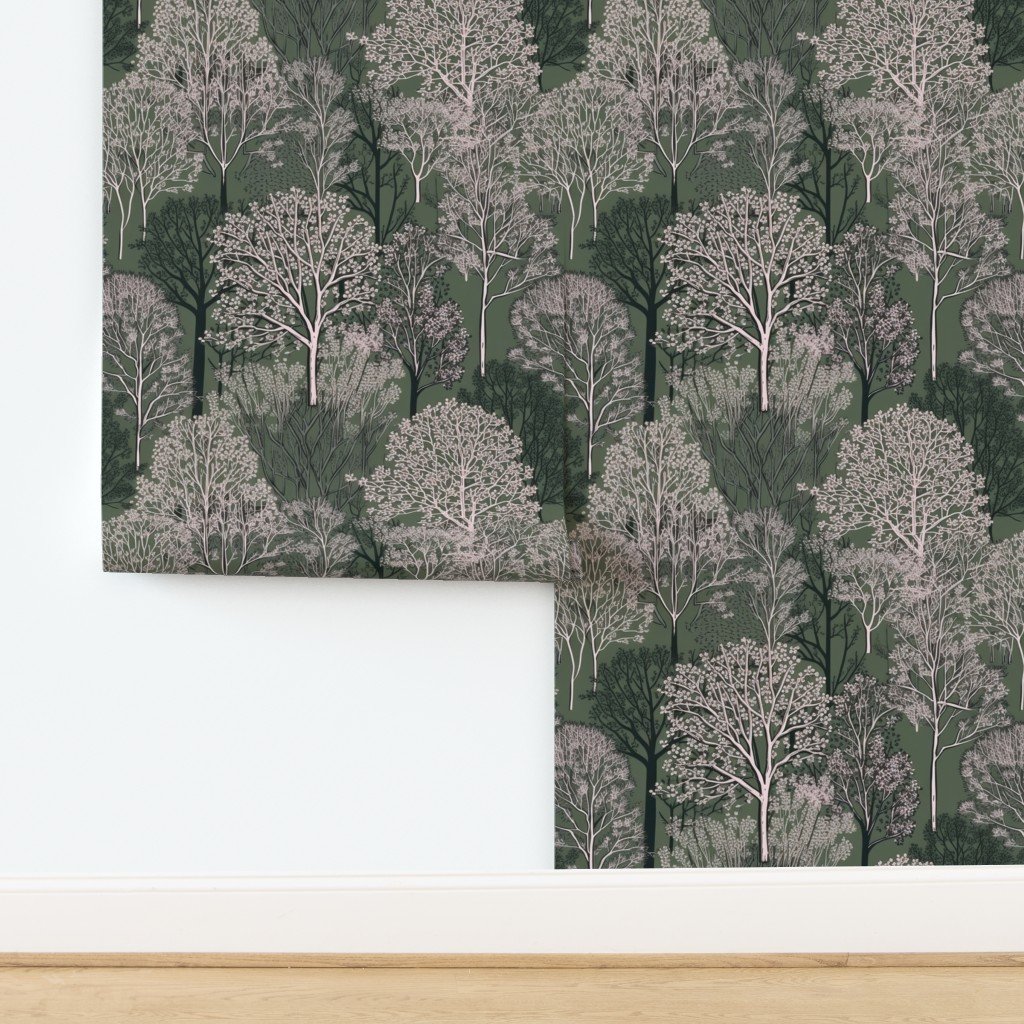 New England Endless Forest Trees in Mossy Green Winter Wallpaper design