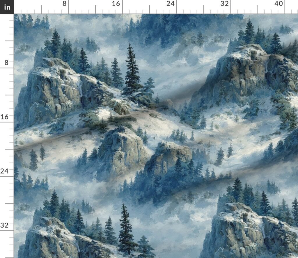 Olympic National Park Winter Christmas Watercolor Landscape Fabric design
