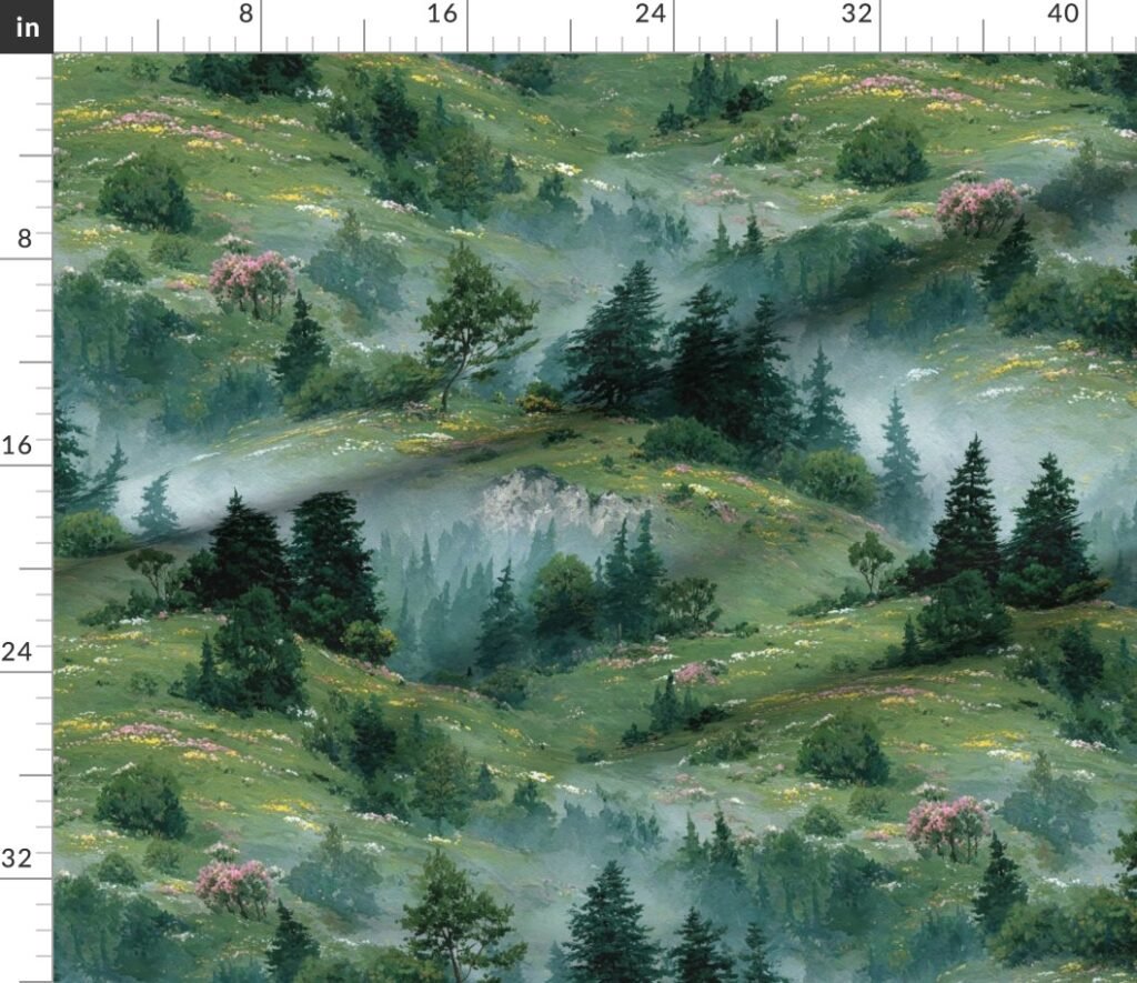 Olympic National Park Spring Watercolor Wildflower Landscape Fabric design