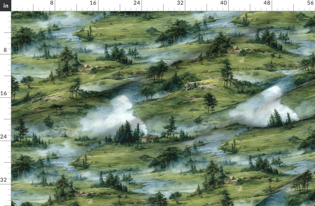 Yellowstone National Park Spring Watercolor Geyser Landscape Fabric design