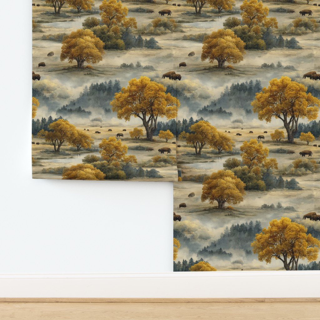 Yellowstone National Park Autumn Watercolor Bison Landscape Wallpaper design